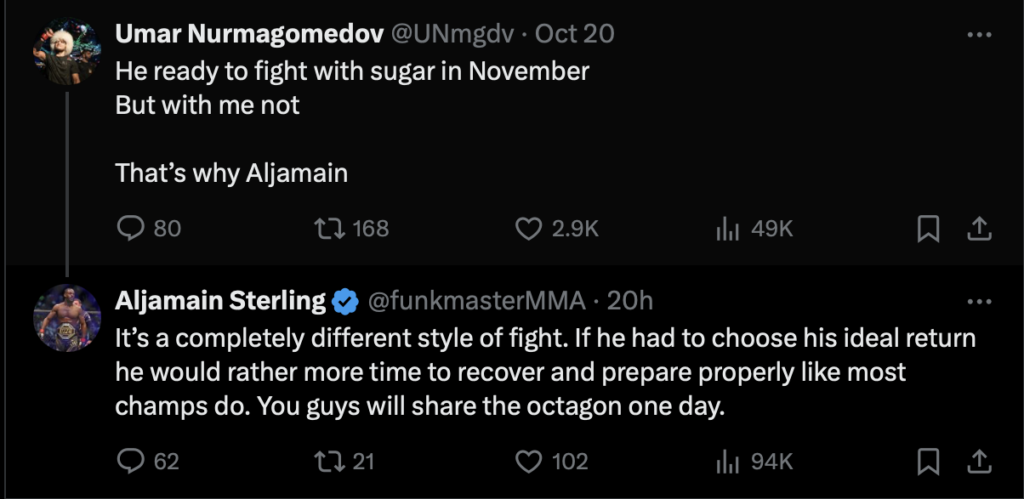 Umar Nurmagomedov responds to Sterling on 'X'